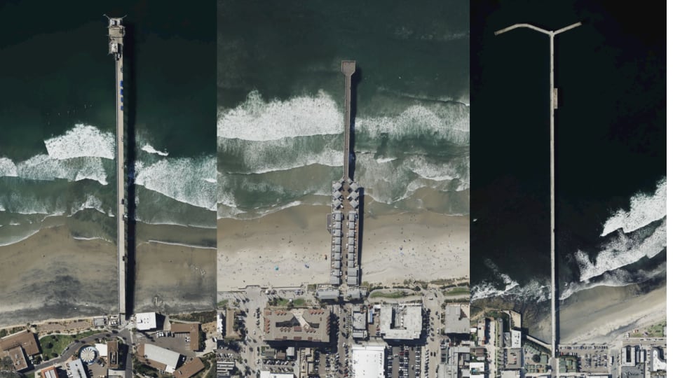 Scripps, Crystal, and Ocean Beach piers from above
